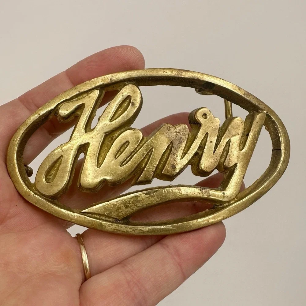 Henry - Brass Oval Belt Buckle Name In Cursive Marked Solid Brass‎ Taiwan